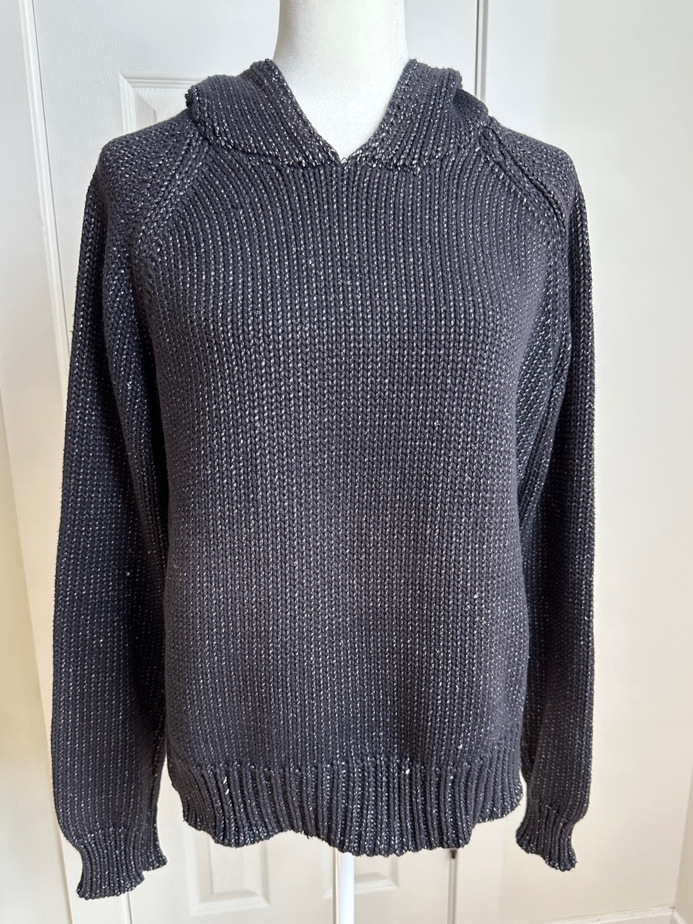 T by Alexander Wang Chunky Knit Hoodie Sweater Black White Marled Size L